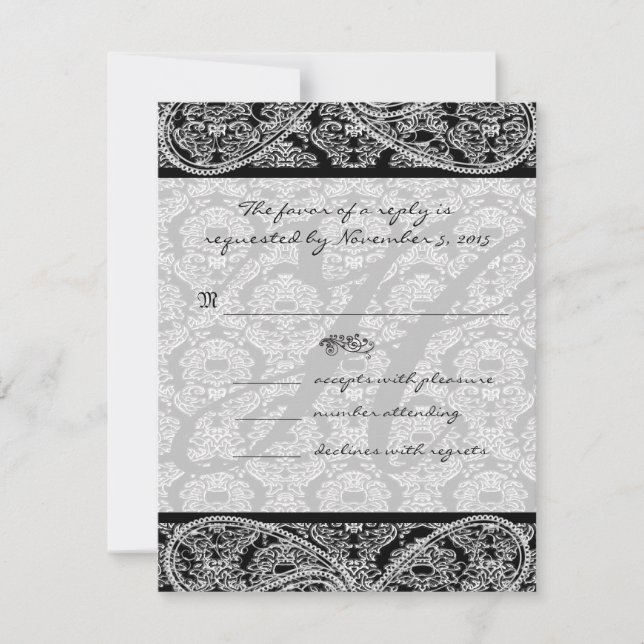 Réponse de Monogramme Black Mariage damassé RSVP (Devant)