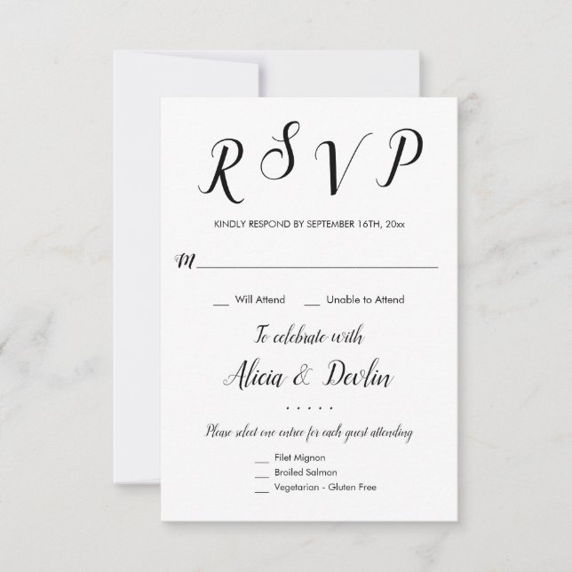 Réponse de sélection de menu pour 3 entrées RSVP (Devant)