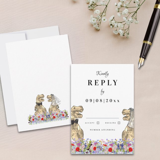 Réponse du Mariage de la mariée et de la chambre d (Dinosaur wedding reply boho wildflower invitation rsvp enclosure card)
