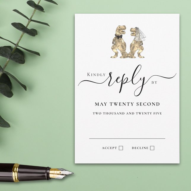 Réponse du Mariage de thème Dinosaur (T-Rex bride and groom funny dinosaur wedding rsvp card with elegant modern script )