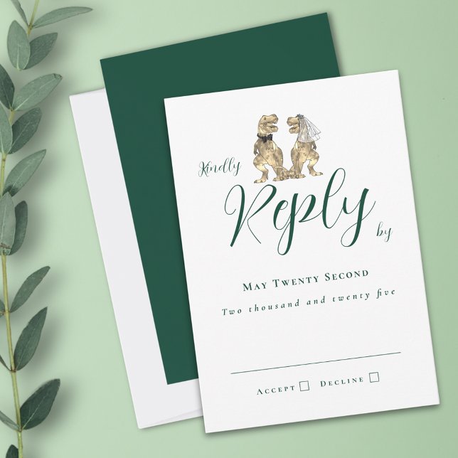 Réponse du Mariage de thème Dinosaur (T-Rex dino bride and groom funny dinosaur dark green wedding RSVP card elegant script )