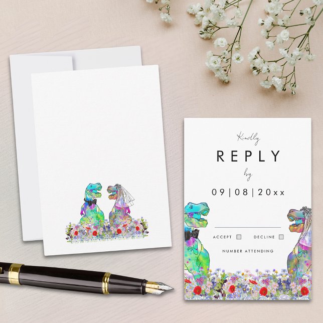 Réponse du Mariage de thème Dinosaur (Modern wildflower dinosaur theme wedding reply enclosure card)