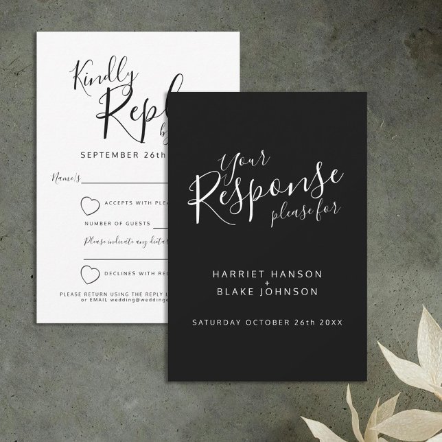 Réponse du mariage du coeur noir et blanc RSVP (Créateur téléchargé)