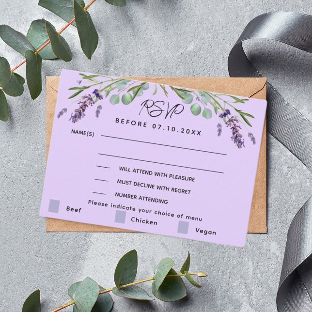 Réponse du menu mariage violet Lavender RSVP (Créateur téléchargé)