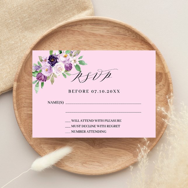 Réponse mariage rose violet à fleurs RSVP carte (Créateur téléchargé)