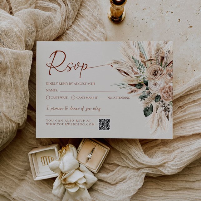 Réponse QR Code pour la carte RSVP de mariage rust (Rustic Tan Boho Wedding RSVP Response Card | Terracotta Fall RSVP Printable | Neutral Beige Pampas)