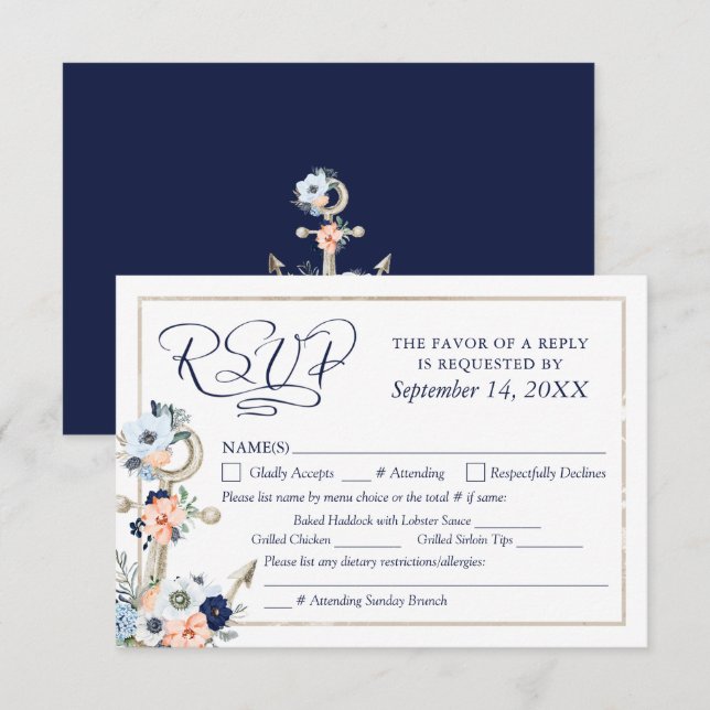 Réponse RSVP Ancre de marine Bleu marine Pêche Mar (Devant / Derrière)
