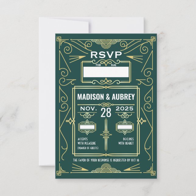 Réponse RSVP Art Déco Mariage Gold Dark Green (Devant)