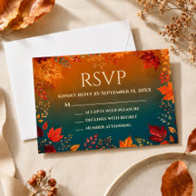 Réponse RSVP automne rustique sarcelle et feuilles