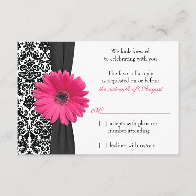 Réponse RSVP de mariage en damassé noir et rose Ge (Devant)