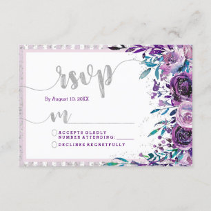 Réponse RSVP de Mariage Floral et Argent Violet