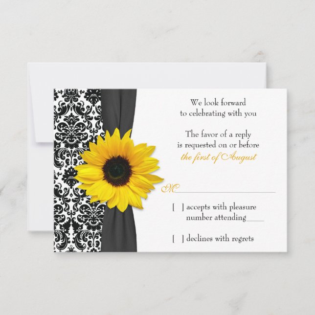 Réponse RSVP Mariage Jaune Tournesol Noir Damassé (Devant)