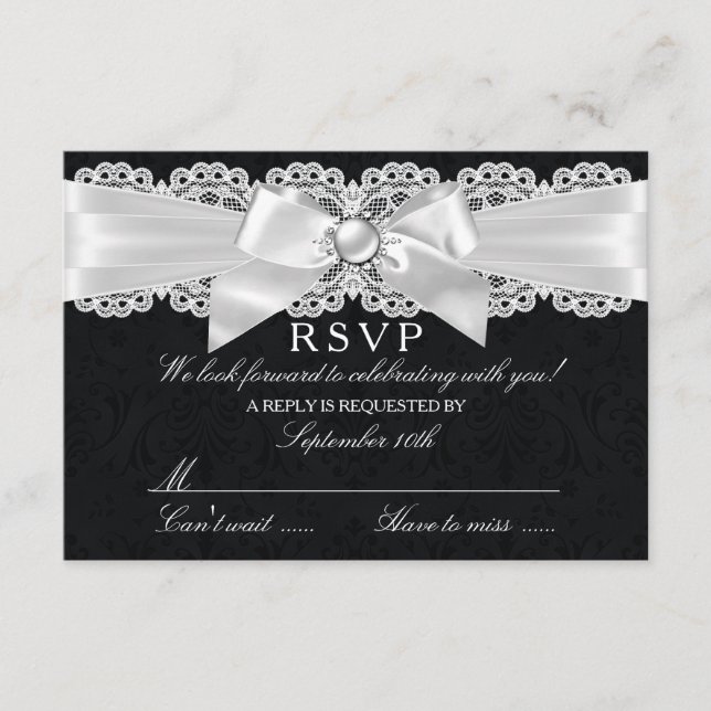 Réponse RSVP noir et blanc Damask et noeud perlé (Devant)