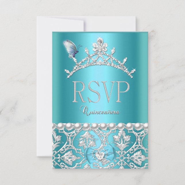 Réponse RSVP Quinceanera 15th Blue Damask Butterfl (Devant)