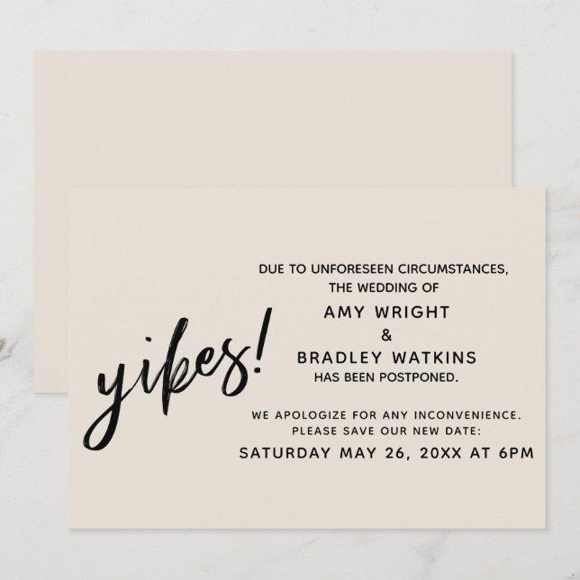 Reporté Humour Mariage Yikes ! Faire-part de crème (Devant / Derrière)