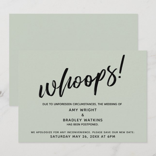 Reporté Mariage Humoristique "Oups !" Carte Sage (Devant / Derrière)