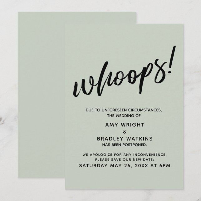 Reporté Mariage Humoristique "Oups !" Carte Sage (Devant / Derrière)