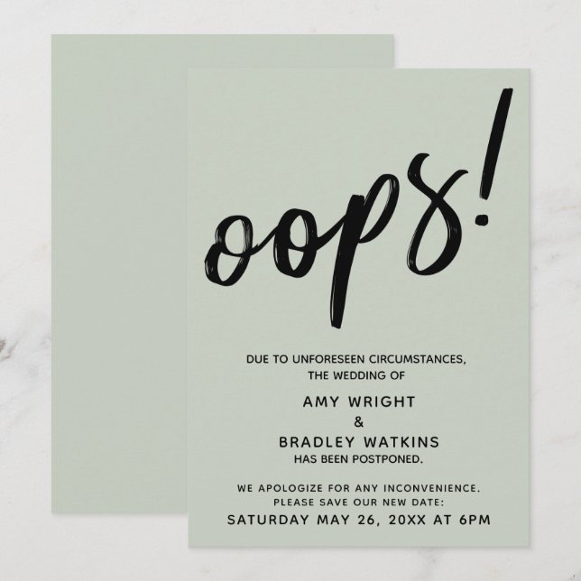 Reporté Mariage Humoristique "Oups !" Faire-part (Devant / Derrière)