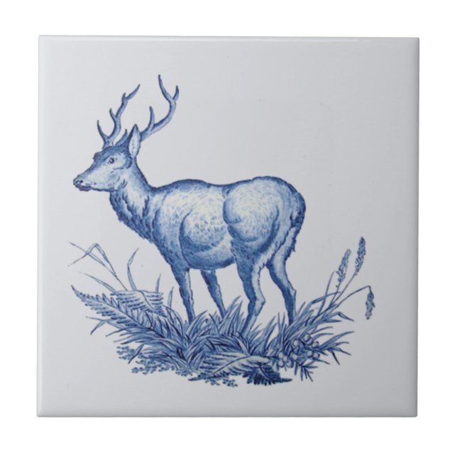 Repro 1876 Wedgwood Buck Deer w/Antlers Tile Blue Fliese (Vorderseite)