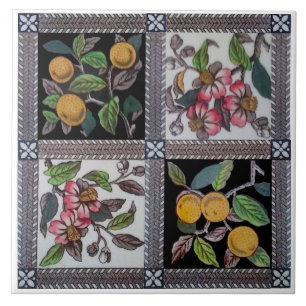 Repro 1880s Farbige Blüten und Fruchtübertragung Fliese