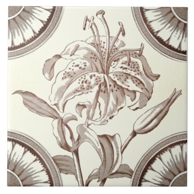 Repro 1885 Viktorianisch Sepia Lily Transferware Fliese (Vorderseite)
