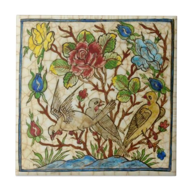 Repro Antique Birds Rose Handgemalt Perser Fliese (Vorderseite)