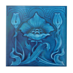 Repro Art Noveau Cerulan Blauer Flora Majolica Fliese