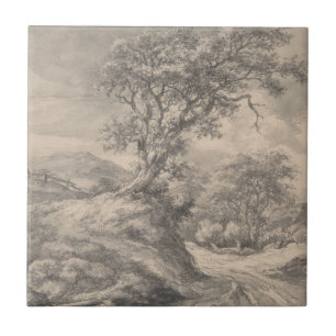Repro Black und White Tile River Scene Fliese