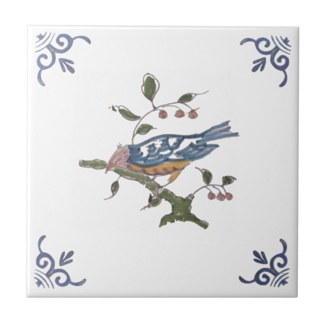 Repro Delft Bird auf Zweig mit Berries auf weißem  Fliese (Vorderseite)