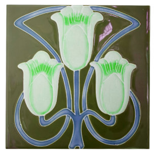 Repro Edwardian Art Nouveau Green Tulip Floral Fliese