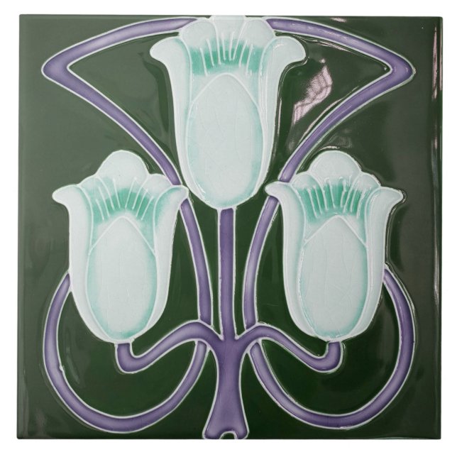 Repro Edwardian Art Nouveau Green Tulip Floral Til Fliese (Vorderseite)