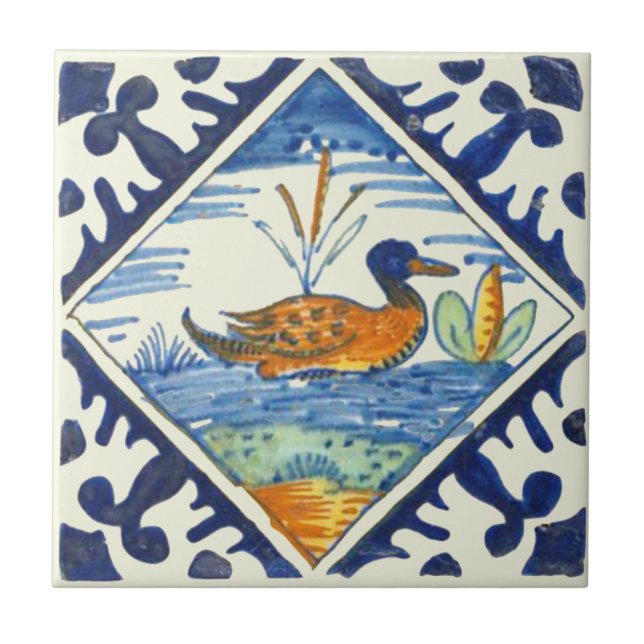 Repro farbige antike Holländische Delft Duck Scene Fliese (Vorderseite)