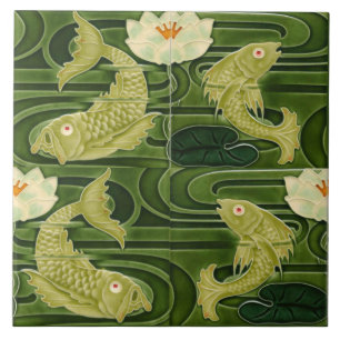 Repro German Art Nouveau Jugendstil Teich Fisch Fliese