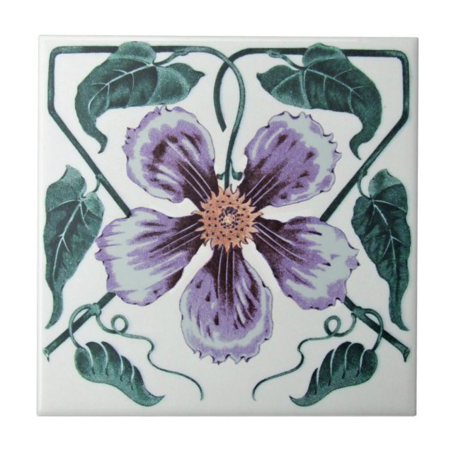 Repro Lila Clematis Deutscher Jugendstil Fliese (Vorderseite)