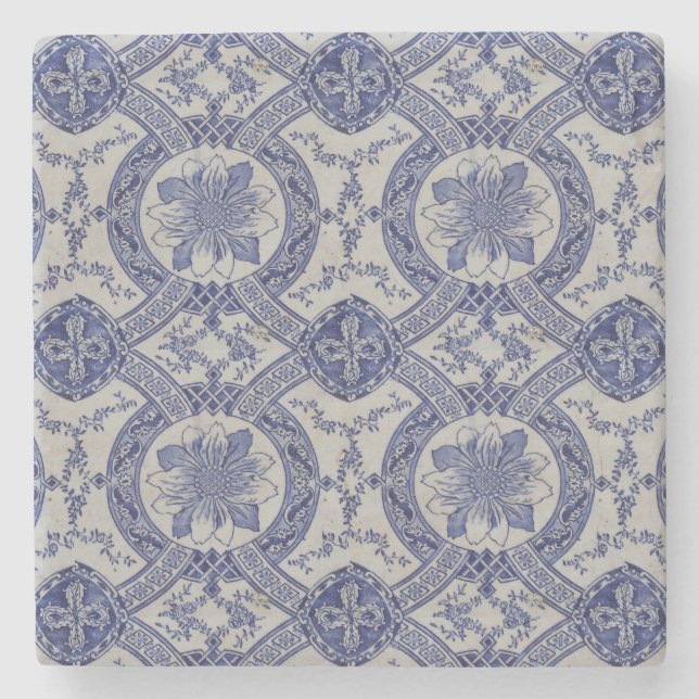 Repro Portugiesisch Blue Geometric Azulejos Floral Steinuntersetzer (Vorderseite)
