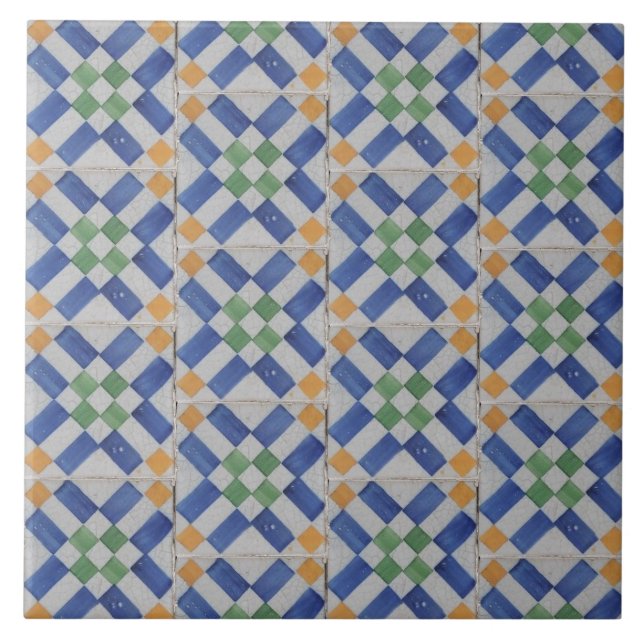 Repro Spanish Geometric Azulejos Blue Yellow Tile Fliese (Vorderseite)