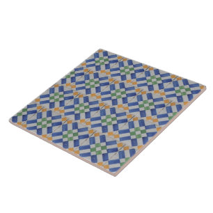 Repro Spanish Geometric Azulejos Blue Yellow Tile Fliese