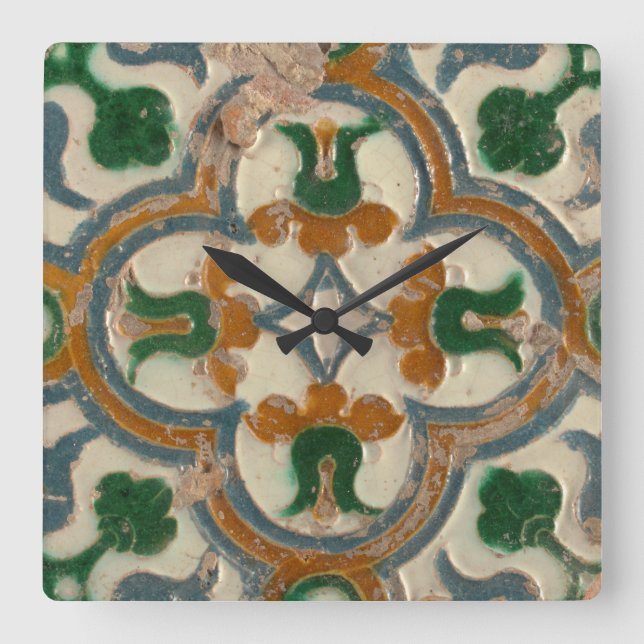 Repro Spanish Geometric Azulejos Floral Quadratische Wanduhr (Vorderseite)