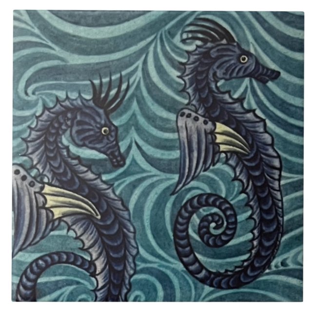 Repro Vintag Blue Seepferd De Morgan Fliese (Vorderseite)