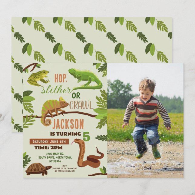 Reptiles Snake Birthday Party Foto Frogs Iguana Einladung (Vorne/Hinten)