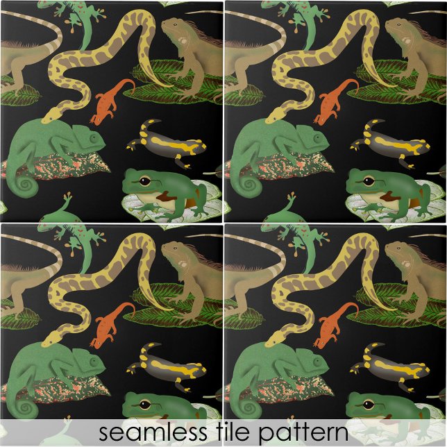 Reptilien, Eidechsen und Amphibien Nahtlose Muster Fliese (Reptile, Lizards & Amphibians Seamless Pattern Ceramic Tile)
