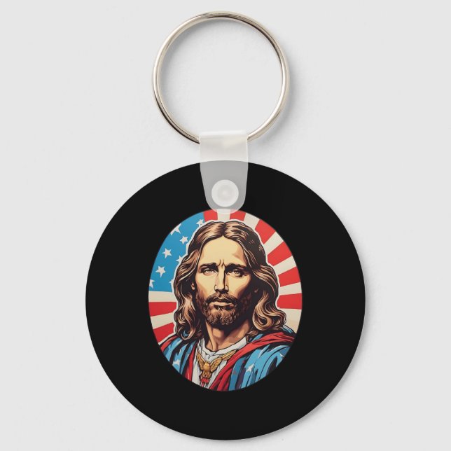 Republican Jesus – Bold Pop Art With American Flag Schlüsselanhänger (Vorderseite)