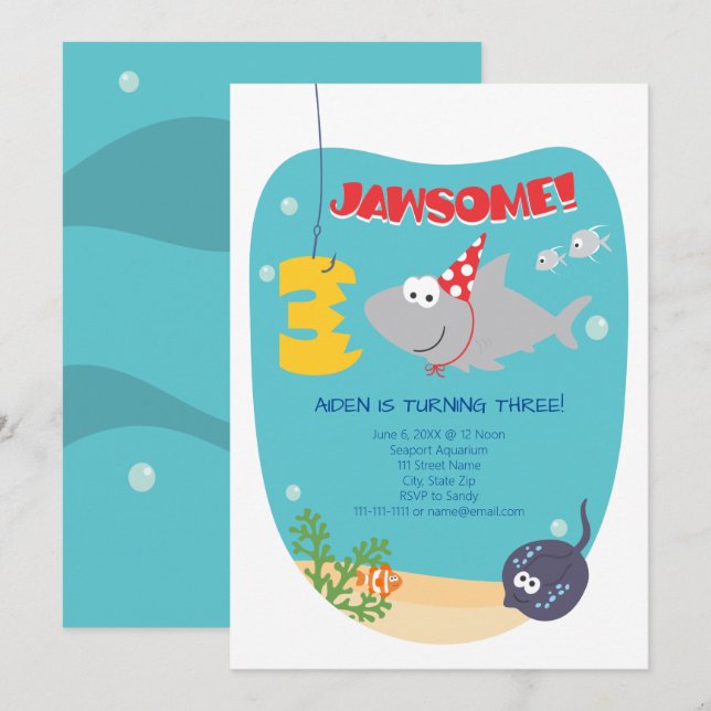 Requin Bite Invitation de troisième anniversaire (Devant / Derrière)