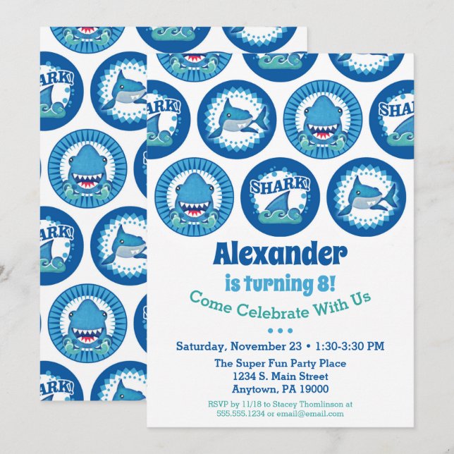 Requins Anniversaire Invitation Garçons Shark Part (Devant / Derrière)