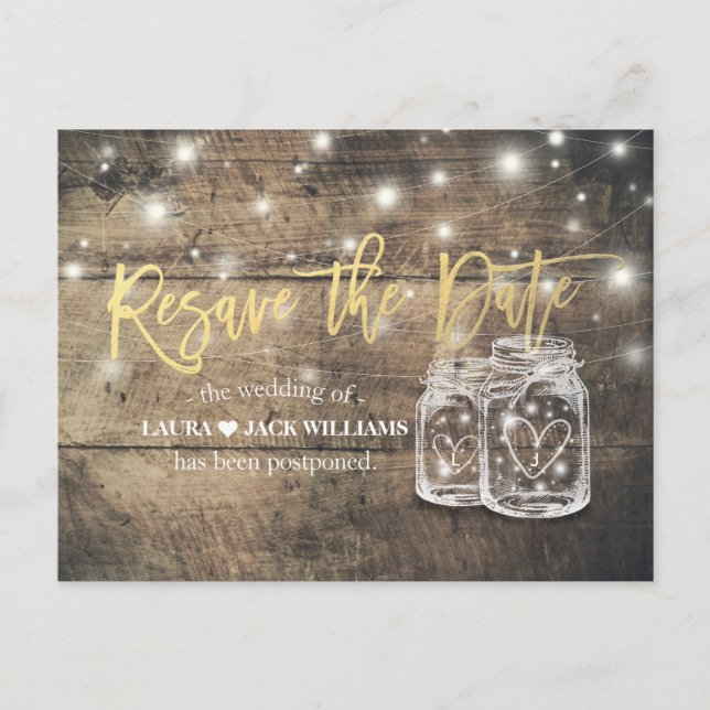 Resave the Date Wedding Postponement Mason Jars Ankündigungspostkarte (Vorderseite)