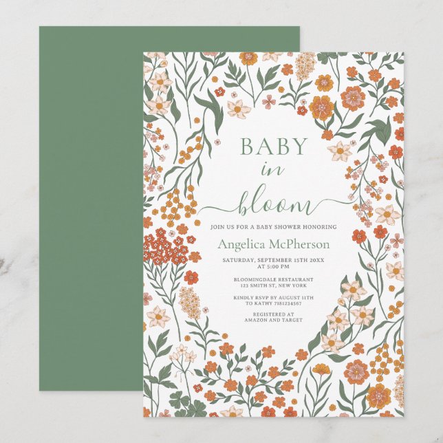 Reseda Green Wild Blume Frame Baby in Bloom Einladung (Vorne/Hinten)