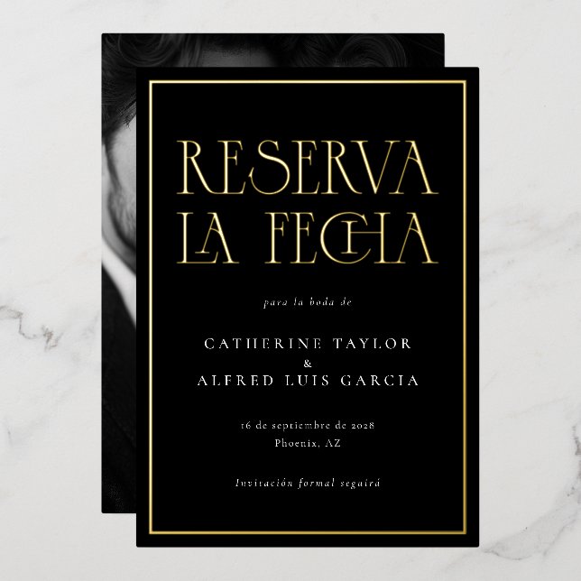 Reserva La Fecha Black White Spanish Wedding Photo Folieneinladung (Vorderseite/Rückseite)