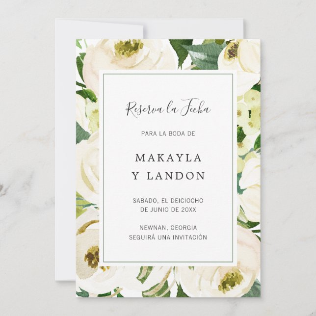 Reserva la Fecha Elegant White Floral Spanisch Save The Date (Vorderseite)