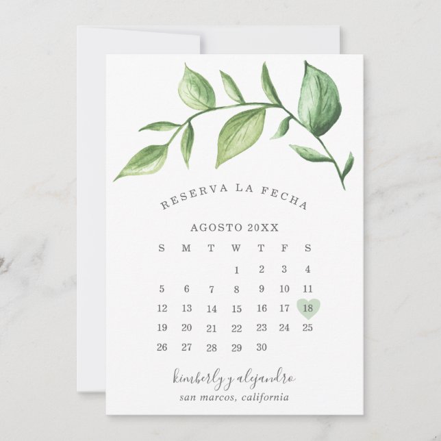 Reserva La Fecha Rustikale Grüne Kalender Spanisch Save The Date (Vorderseite)