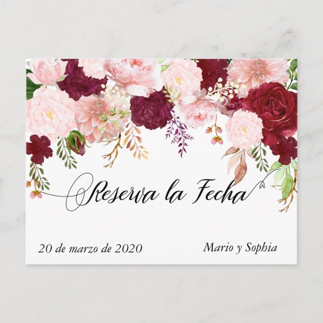 Reserva La Fecha Save the Date Burgundy pink Ankündigungspostkarte (Vorderseite)